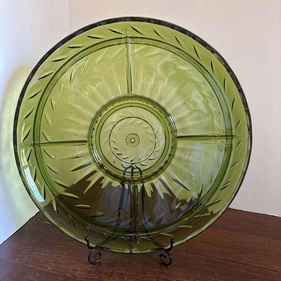 Indiana Glass Other - Vintage Indiana Vintage Avocado Green Glass Divided Relish Serving Platter Round
